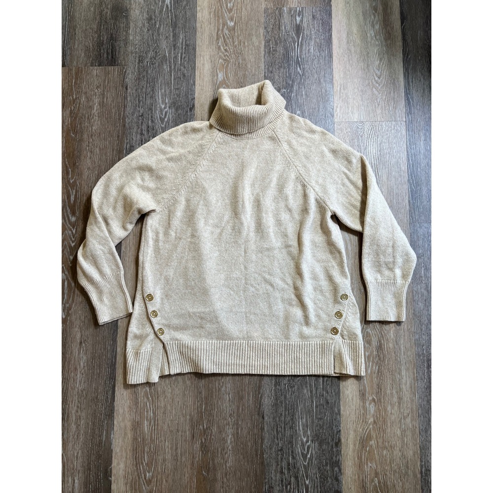 Michael Kors Turtleneck Sweater Womens L Oatmeal Excellent Gold Button Side Vent
